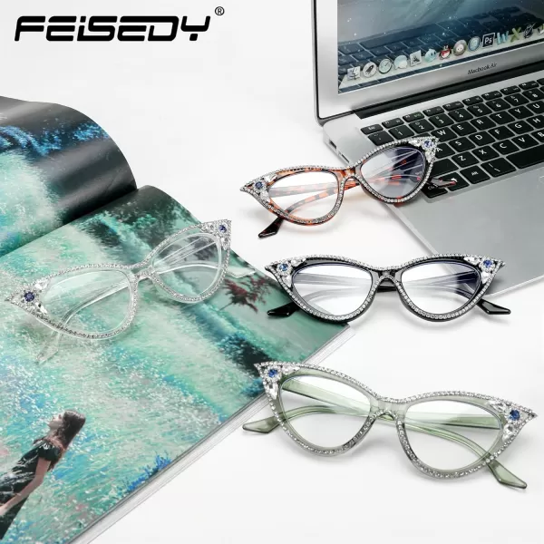 FEISEDY Diamond Blue Light Blocking Glasses Cat Eye Rhinestone Women Glasses Frame Anti Eyestrain Computer Eyewear B0070Transparent