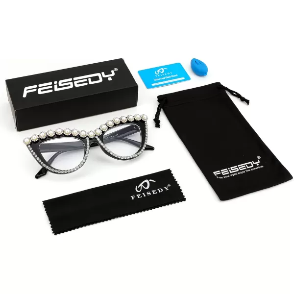 FEISEDY Diamond Blue Light Blocking Glasses Cat Eye Rhinestone Women Oversized Anti Eyestrain Computer Glasses Frame B2358Flower Diamond