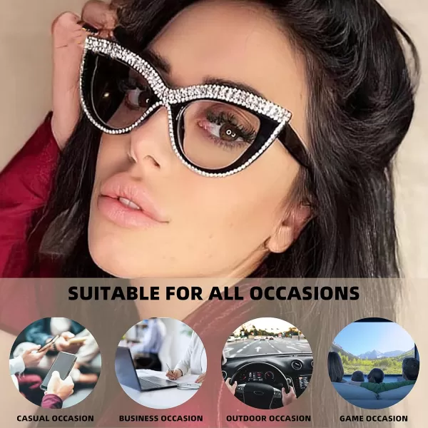 FEISEDY Diamond Blue Light Blocking Glasses Cat Eye Rhinestone Women Oversized Anti Eyestrain Computer Glasses Frame B2358Flower Diamond
