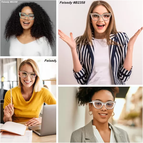 FEISEDY Diamond Blue Light Blocking Glasses Cat Eye Rhinestone Women Oversized Anti Eyestrain Computer Glasses Frame B2358Flower Diamond