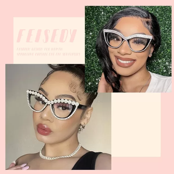 FEISEDY Diamond Blue Light Blocking Glasses Cat Eye Rhinestone Women Oversized Anti Eyestrain Computer Glasses Frame B2358Flower Diamond