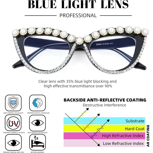 FEISEDY Diamond Blue Light Blocking Glasses Cat Eye Rhinestone Women Oversized Anti Eyestrain Computer Glasses Frame B2358Flower Diamond
