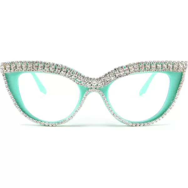 FEISEDY Diamond Blue Light Blocking Glasses Cat Eye Rhinestone Women Oversized Anti Eyestrain Computer Glasses Frame B2358Green Blue Diamond