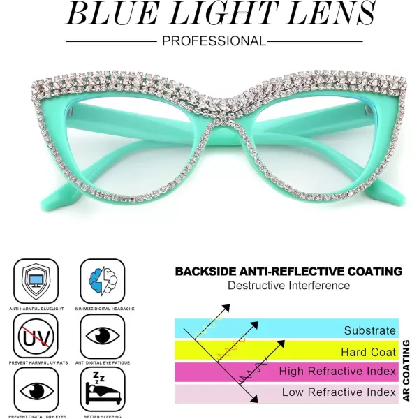FEISEDY Diamond Blue Light Blocking Glasses Cat Eye Rhinestone Women Oversized Anti Eyestrain Computer Glasses Frame B2358Green Blue Diamond