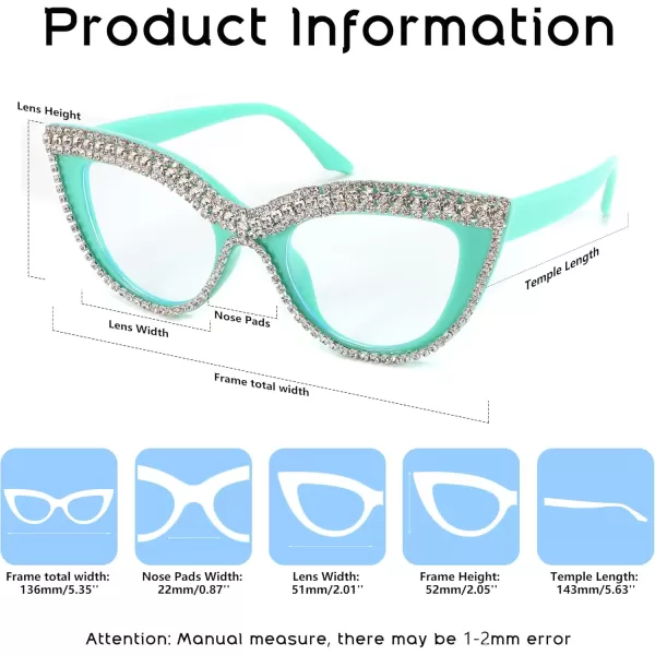 FEISEDY Diamond Blue Light Blocking Glasses Cat Eye Rhinestone Women Oversized Anti Eyestrain Computer Glasses Frame B2358Green Blue Diamond