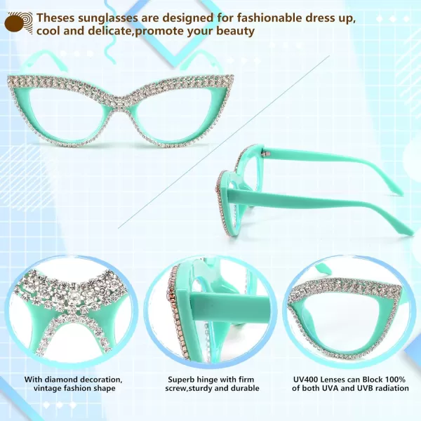 FEISEDY Diamond Blue Light Blocking Glasses Cat Eye Rhinestone Women Oversized Anti Eyestrain Computer Glasses Frame B2358Green Blue Diamond