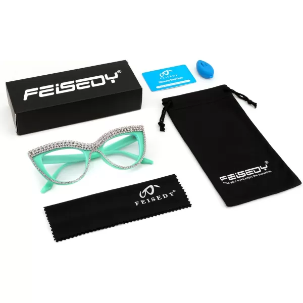 FEISEDY Diamond Blue Light Blocking Glasses Cat Eye Rhinestone Women Oversized Anti Eyestrain Computer Glasses Frame B2358Green Blue Diamond