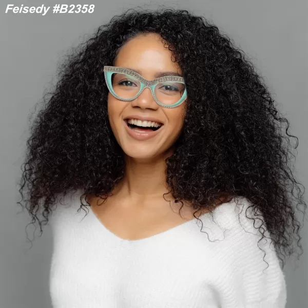 FEISEDY Diamond Blue Light Blocking Glasses Cat Eye Rhinestone Women Oversized Anti Eyestrain Computer Glasses Frame B2358Green Blue Diamond