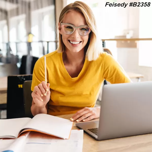 FEISEDY Diamond Blue Light Blocking Glasses Cat Eye Rhinestone Women Oversized Anti Eyestrain Computer Glasses Frame B2358Pink Diamond