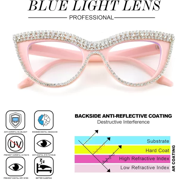 FEISEDY Diamond Blue Light Blocking Glasses Cat Eye Rhinestone Women Oversized Anti Eyestrain Computer Glasses Frame B2358Pink Diamond