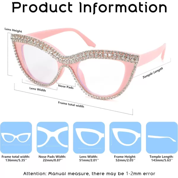 FEISEDY Diamond Blue Light Blocking Glasses Cat Eye Rhinestone Women Oversized Anti Eyestrain Computer Glasses Frame B2358Pink Diamond