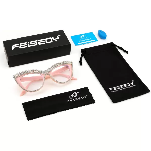 FEISEDY Diamond Blue Light Blocking Glasses Cat Eye Rhinestone Women Oversized Anti Eyestrain Computer Glasses Frame B2358Pink Diamond