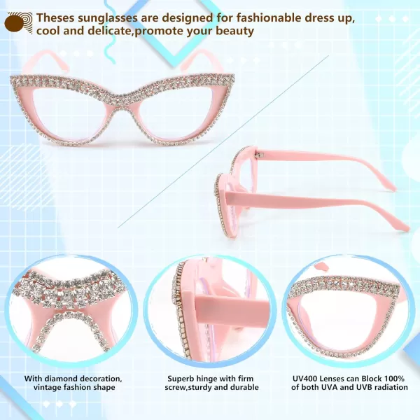 FEISEDY Diamond Blue Light Blocking Glasses Cat Eye Rhinestone Women Oversized Anti Eyestrain Computer Glasses Frame B2358Pink Diamond