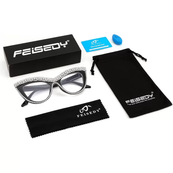 FEISEDY Diamond Blue Light Blocking Glasses Cat Eye Rhinestone Women Oversized Anti Eyestrain Computer Glasses Frame B2358Stripe Diamond