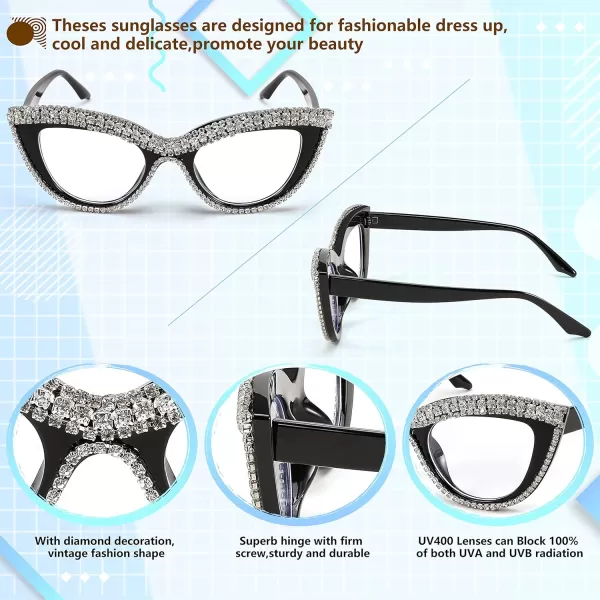 FEISEDY Diamond Blue Light Blocking Glasses Cat Eye Rhinestone Women Oversized Anti Eyestrain Computer Glasses Frame B2358Stripe Diamond