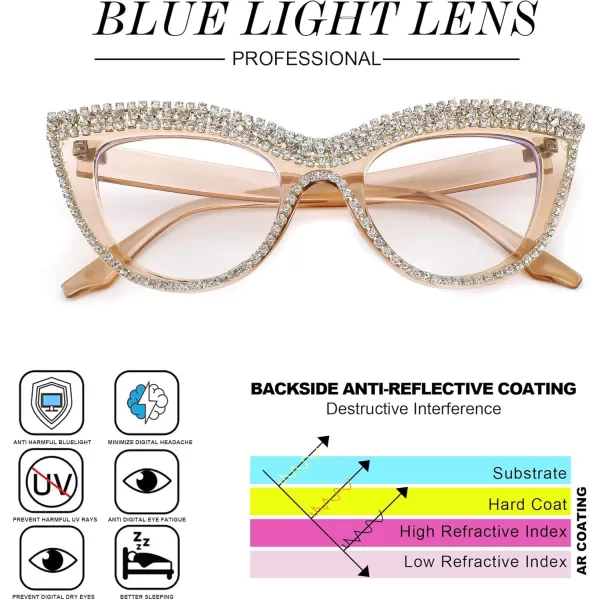 FEISEDY Diamond Blue Light Blocking Glasses Cat Eye Rhinestone Women Oversized Anti Eyestrain Computer Glasses Frame B2358Tea Diamond