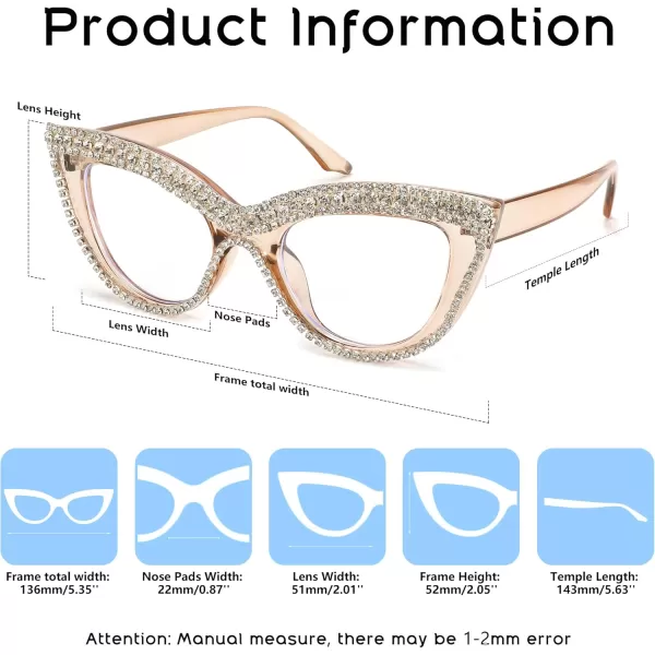 FEISEDY Diamond Blue Light Blocking Glasses Cat Eye Rhinestone Women Oversized Anti Eyestrain Computer Glasses Frame B2358Tea Diamond