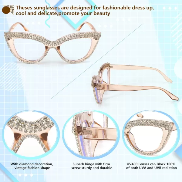 FEISEDY Diamond Blue Light Blocking Glasses Cat Eye Rhinestone Women Oversized Anti Eyestrain Computer Glasses Frame B2358Tea Diamond