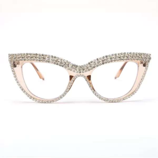 FEISEDY Diamond Blue Light Blocking Glasses Cat Eye Rhinestone Women Oversized Anti Eyestrain Computer Glasses Frame B2358Tea Diamond