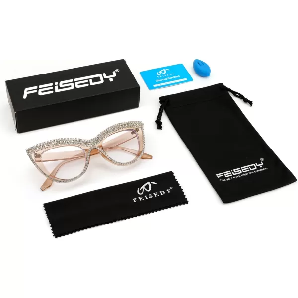 FEISEDY Diamond Blue Light Blocking Glasses Cat Eye Rhinestone Women Oversized Anti Eyestrain Computer Glasses Frame B2358Tea Diamond