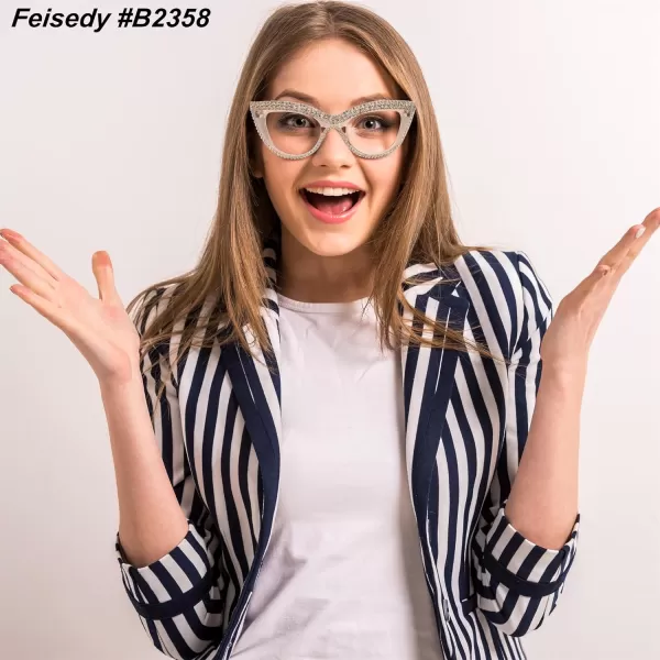FEISEDY Diamond Blue Light Blocking Glasses Cat Eye Rhinestone Women Oversized Anti Eyestrain Computer Glasses Frame B2358Tea Diamond