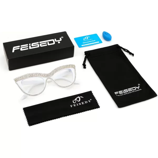 FEISEDY Diamond Blue Light Blocking Glasses Cat Eye Rhinestone Women Oversized Anti Eyestrain Computer Glasses Frame B2358White Diamond