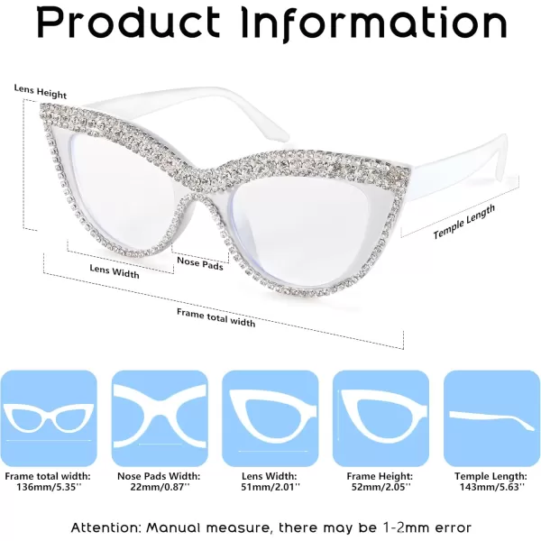 FEISEDY Diamond Blue Light Blocking Glasses Cat Eye Rhinestone Women Oversized Anti Eyestrain Computer Glasses Frame B2358White Diamond