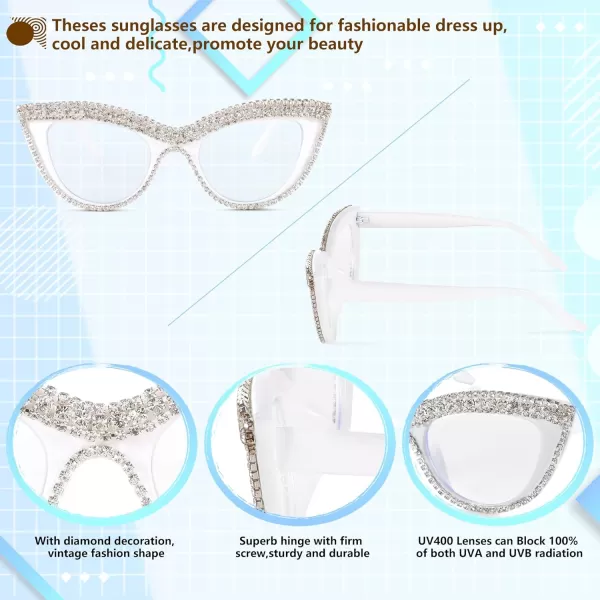 FEISEDY Diamond Blue Light Blocking Glasses Cat Eye Rhinestone Women Oversized Anti Eyestrain Computer Glasses Frame B2358White Diamond