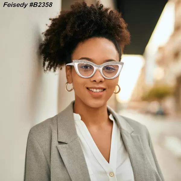 FEISEDY Diamond Blue Light Blocking Glasses Cat Eye Rhinestone Women Oversized Anti Eyestrain Computer Glasses Frame B2358White Diamond