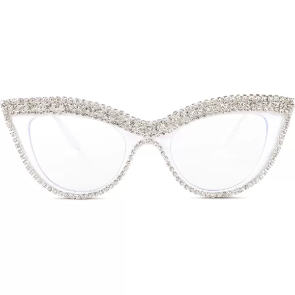 FEISEDY Diamond Blue Light Blocking Glasses Cat Eye Rhinestone Women Oversized Anti Eyestrain Computer Glasses Frame B2358White Diamond