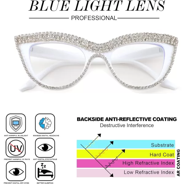 FEISEDY Diamond Blue Light Blocking Glasses Cat Eye Rhinestone Women Oversized Anti Eyestrain Computer Glasses Frame B2358White Diamond