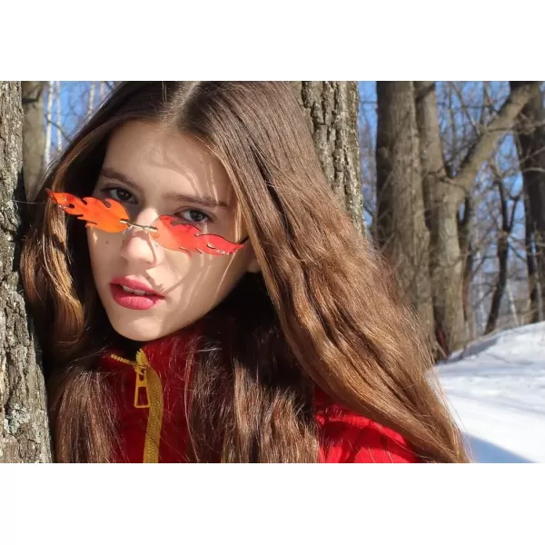 FEISEDY Fire Flame Sunglasses for Women Mirror Rimless Fire Shaped Novelty Sunglasses B2839001 Red Mirrored Lens