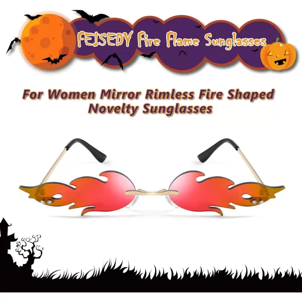 FEISEDY Fire Flame Sunglasses for Women Mirror Rimless Fire Shaped Novelty Sunglasses B2839001 Red Mirrored Lens