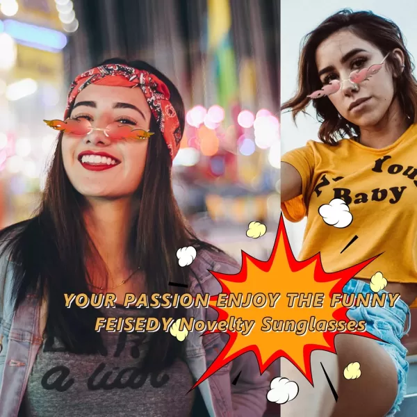 FEISEDY Fire Flame Sunglasses for Women Mirror Rimless Fire Shaped Novelty Sunglasses B2839001 Red Mirrored Lens