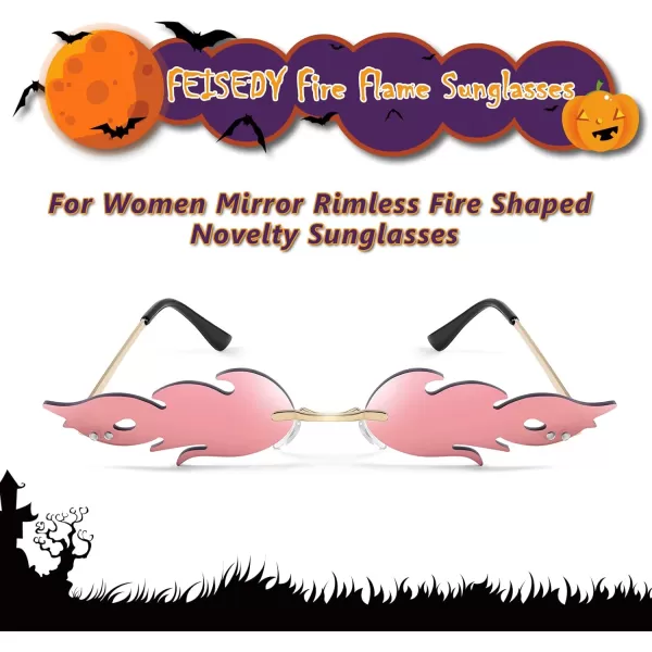 FEISEDY Fire Flame Sunglasses for Women Mirror Rimless Fire Shaped Novelty Sunglasses B2839002 Pink Mirror Flame