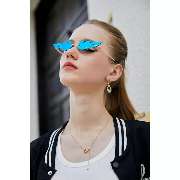 FEISEDY Fire Flame Sunglasses for Women Mirror Rimless Fire Shaped Novelty Sunglasses B2839003 Green Mirror Flame