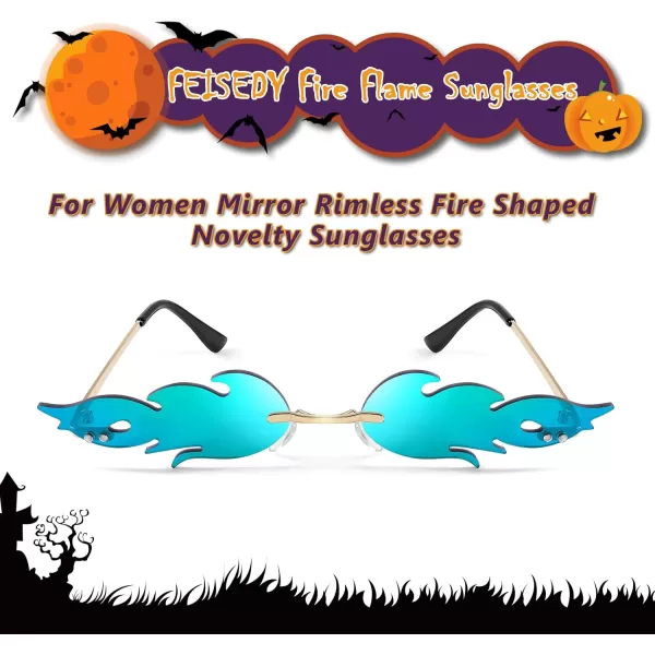 FEISEDY Fire Flame Sunglasses for Women Mirror Rimless Fire Shaped Novelty Sunglasses B2839003 Green Mirror Flame