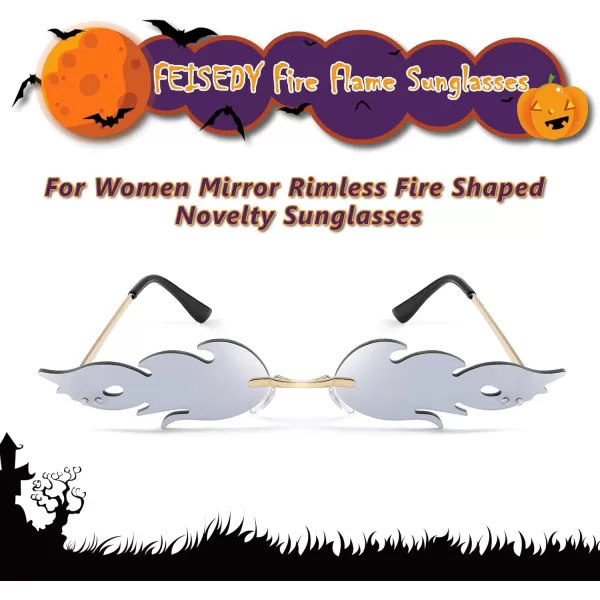 FEISEDY Fire Flame Sunglasses for Women Mirror Rimless Fire Shaped Novelty Sunglasses B2839006 Silver Mirror Flame