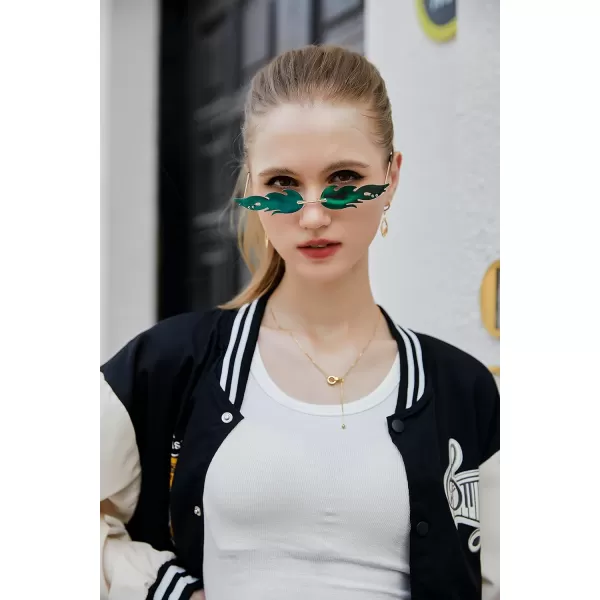 FEISEDY Fire Flame Sunglasses for Women Mirror Rimless Fire Shaped Novelty Sunglasses B2839006 Silver Mirror Flame