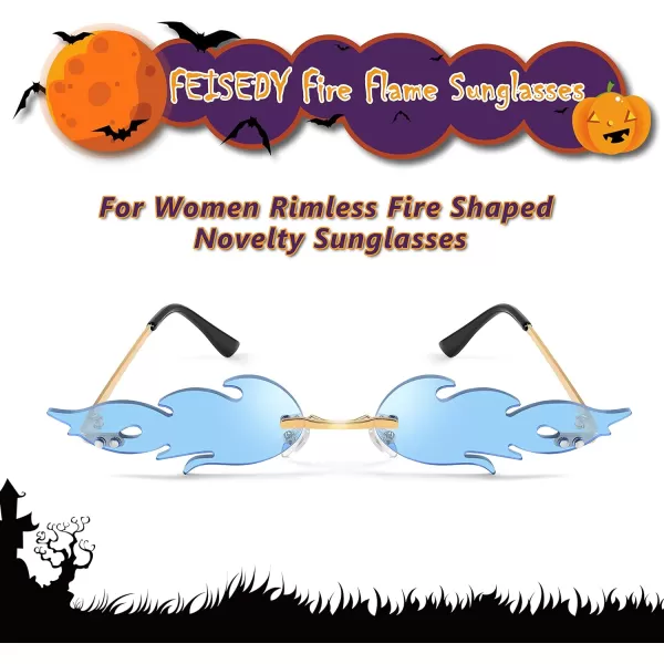 FEISEDY Fire Flame Sunglasses for Women Mirror Rimless Fire Shaped Novelty Sunglasses B2839007 Light Blue Flame