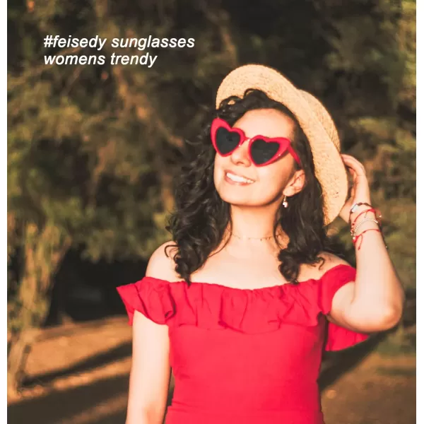 FEISEDY Heart Sunglasses for Women Pink Heart Sunglasses Red Heart Sunglasses Fashion Heart Shaped Glasses B2421PRed