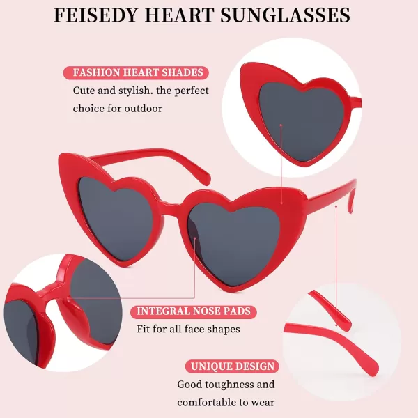 FEISEDY Heart Sunglasses for Women Pink Heart Sunglasses Red Heart Sunglasses Fashion Heart Shaped Glasses B2421PRed