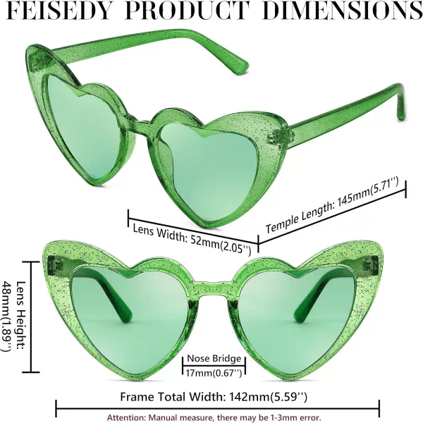 FEISEDY Heart Sunglasses for Women Pink Heart Sunglasses Red Heart Sunglasses Fashion Heart Shaped Glasses B2421PTransparency Green
