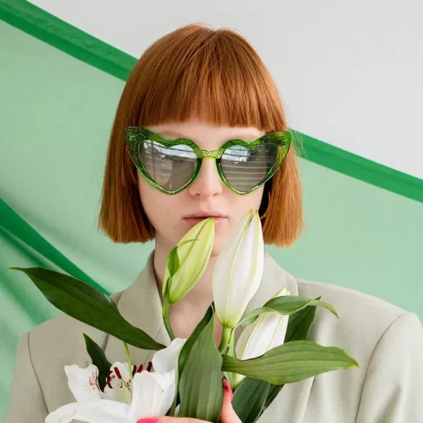 FEISEDY Heart Sunglasses for Women Pink Heart Sunglasses Red Heart Sunglasses Fashion Heart Shaped Glasses B2421PTransparency Green