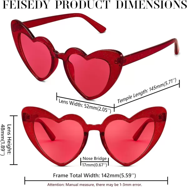 FEISEDY Heart Sunglasses for Women Pink Heart Sunglasses Red Heart Sunglasses Fashion Heart Shaped Glasses B2421PTransparency Red