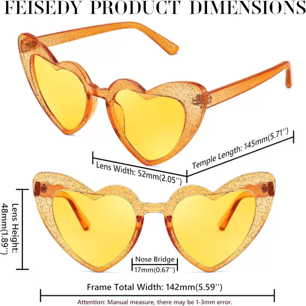 FEISEDY Heart Sunglasses for Women Pink Heart Sunglasses Red Heart Sunglasses Fashion Heart Shaped Glasses B2421PTransparency Yellow