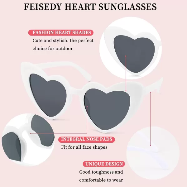 FEISEDY Heart Sunglasses for Women Pink Heart Sunglasses Red Heart Sunglasses Fashion Heart Shaped Glasses B2421PWhite