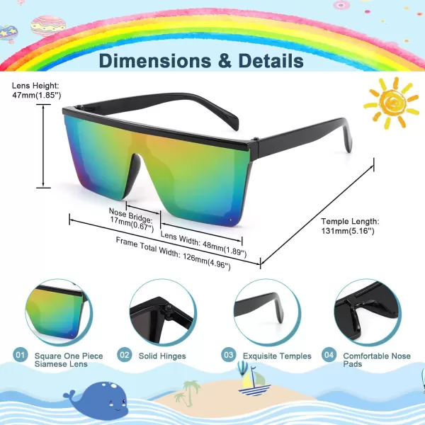 FEISEDY Kids Sunglasses Flat Top Shield Square Sunglasses with Rimless Fashion Shades for Age 27 B4061Black FrameRianbow Lens