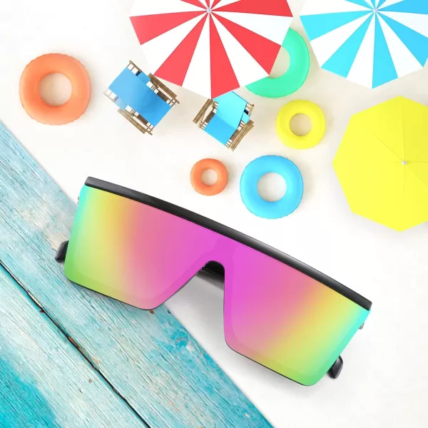 FEISEDY Kids Sunglasses Flat Top Shield Square Sunglasses with Rimless Fashion Shades for Age 27 B4061Black FrameRianbow Lens