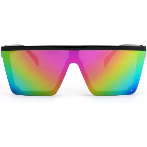 FEISEDY Kids Sunglasses Flat Top Shield Square Sunglasses with Rimless Fashion Shades for Age 27 B4061Black FrameRianbow Lens